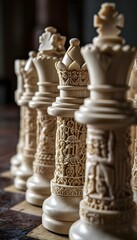 a group of chess pieces sitting on top of a chess board