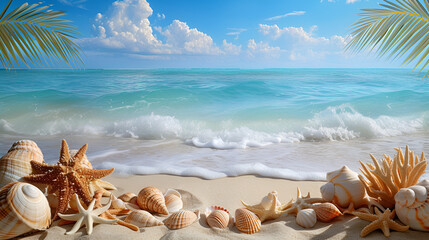 Tropical Beach Landscape with Shells with Generative Ai
