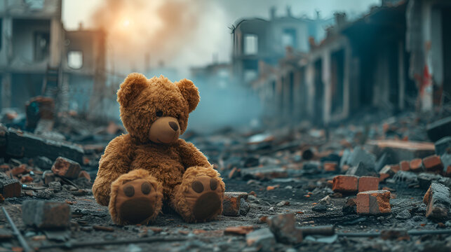 Teddy Bear Toy over City Burned Destruction with Generative Ai