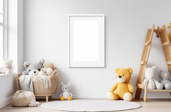 Children`s room with frame mockup picture on white wall, modern Scandinavian minimalist style. Light kids home interior with posters and soft toys. Concept of decor, design, mock up