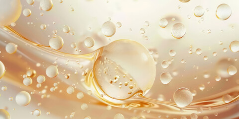 gold yellow bubbles, molecules with floating gold bubbles, Collagen Skin Serum and Vitamin bubbles in water, playful and vibrant, for beauty skin care cosmetics, spa products, or feminine brand,banner