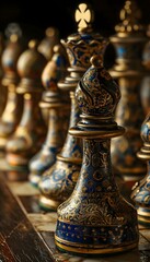 a close up of a chess board with many pieces