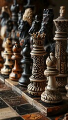 a collection of chess pieces sitting on top of a table