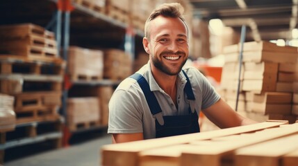 Forklift operator preparing products in warehouse for shipment and delivery with copy space banner