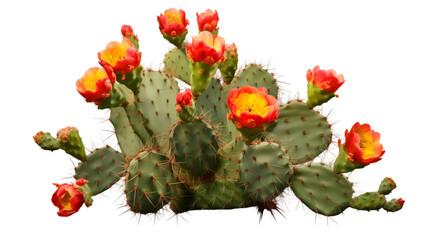 Prickly pear blooming cactus bush, png file of isolated cutout object on transparent background