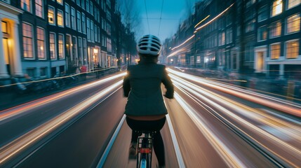 Back shot, riding a bicycle to work in city, night time, long exposure