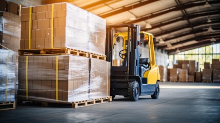 Warehouse worker driving forklift. Product preparation, delivery, stock checking. Banner space