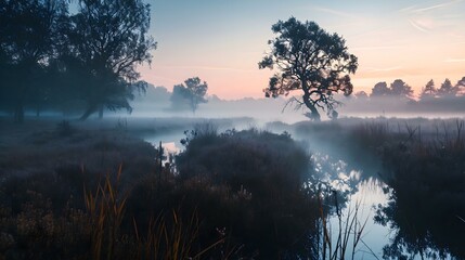 a foggy field with trees and water in the foreground - obrazy, fototapety, plakaty