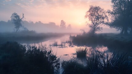 the sun is setting over the water in the fog - obrazy, fototapety, plakaty