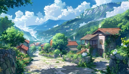 Village house with Mountain view, fantasy style, painting style, generated by AI