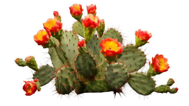 Prickly pear blooming cactus bush, png file of isolated cutout object on transparent background