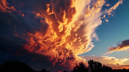a large cloud is in the sky at sunset