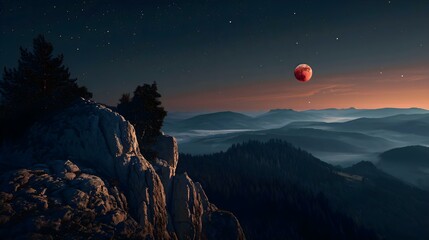 a view of a mountain at night with a red moon in the sky