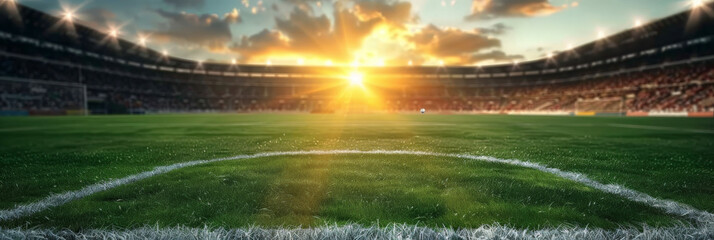 a soccer stadium at sunset,