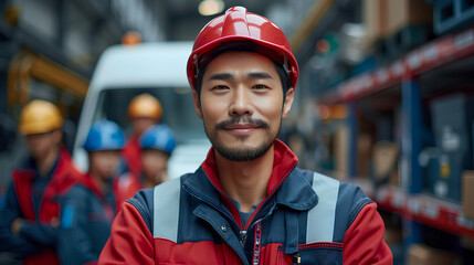 Asian engineer professional group of friendly looking delivery wearing red and blue functional uniform, standing in front of a white van behind them. Engineer and transport concept. - Powered by Adobe