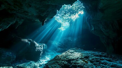 a cave filled with lots of water and light coming from the ceiling - Powered by Adobe