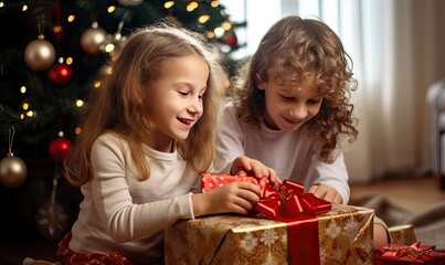 Obraz na płótnie Canvas Two Little Girls Unwrapping Christmas Present Under Tree