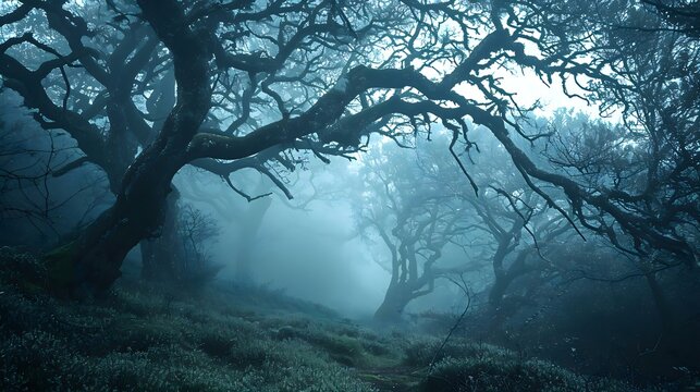 a foggy forest filled with lots of trees