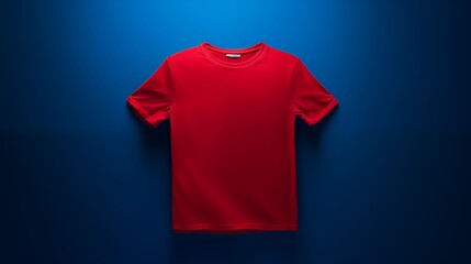 A vibrant red T-shirt against a deep blue background, catching the light in intriguing ways