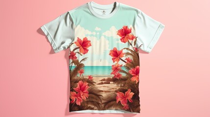 A tropical-themed T-shirt, adorned with palm trees and hibiscus flowers, set against a sandy beach backdrop
