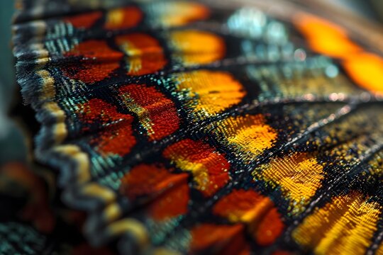 a close up of a colorful butterfly wing