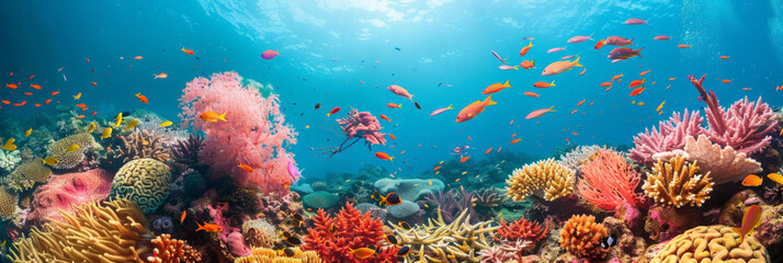  underwater coral area with fish swimming around it, underwater blue sea