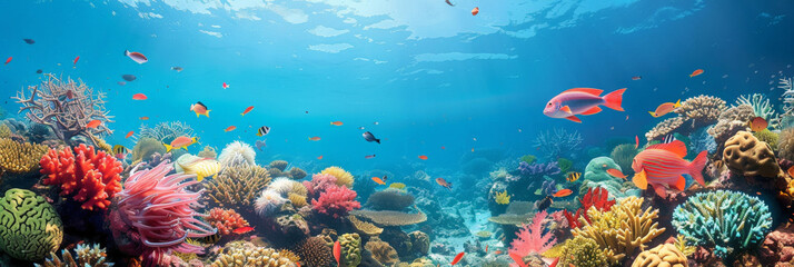 Fototapeta na wymiar underwater coral area with fish swimming around it, underwater blue sea