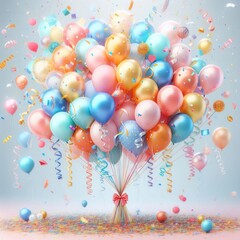 Party decoration with colorful  balloons and confetti, 3D rendering