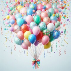 Party decoration with colorful  balloons and confetti, 3D rendering