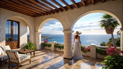 Foto op Canvas Women in mediteranean house overlooking the ocean © vectorize