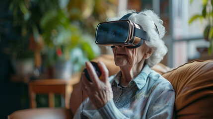 Modern aging elderly using VR glasses, experiencing Lunar New Year festivities in a cultural fusion of traditional celebrations and innovative technology, Generative Ai.

