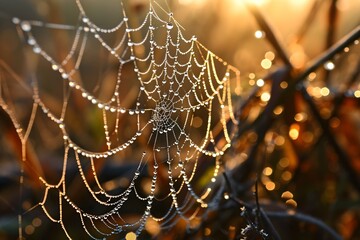 a close up of a spider web covered in dew