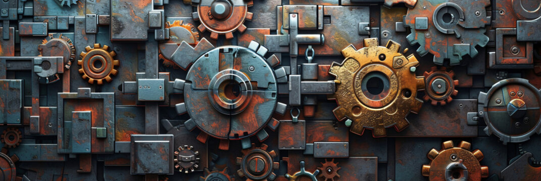 Industrial background image with various gears and mechanical elements