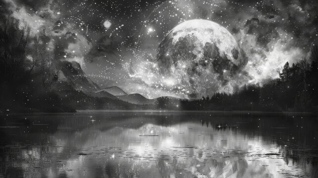 black and white photo of a representation of celestial harmonies, high quality, copy space, 16:9