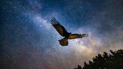 鷲が羽ばたく星空の夜 - obrazy, fototapety, plakaty