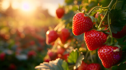 Strawberries grow on a bush with green leaves. The sun shines brightly in the background. - Powered by Adobe