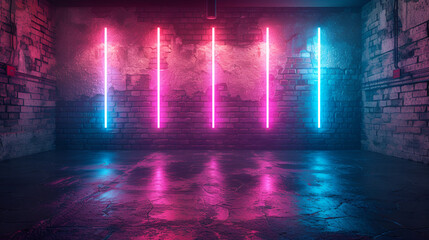 Modern Futuristic Neon Lights on Old Grunge Brick Wall - Generative Ai
