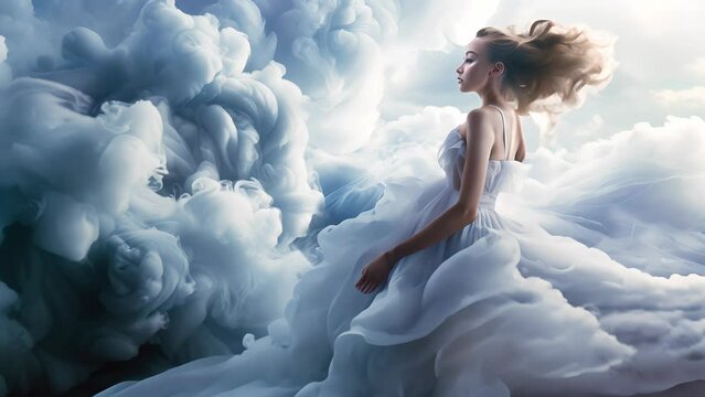 A girl dressed in a fantasy cloud inspired dress