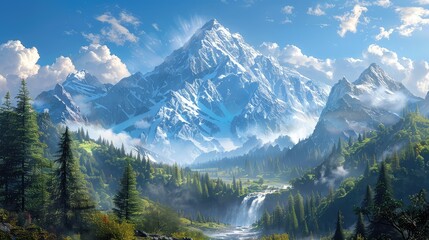 the awe-inspiring beauty of snow-capped mountains piercing the azure sky. Picture cascading waterfalls, lush pine forests