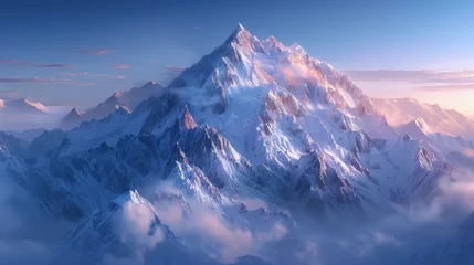 Gordijnen rugged mountain range dusted with snow, its peaks piercing the crisp blue sky © jamrut