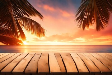 Empty wooden table top product display showcase stage. Tropical summer sunset beach bar background