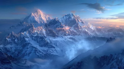 Fototapeten rugged mountain range dusted with snow, its peaks piercing the crisp blue sky © jamrut