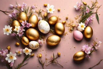 Fototapeta na wymiar Happy Easter banner with spring flowers and golden painted easter eggs