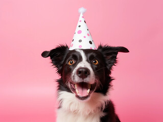 Happy shaggy dog ââwith open mouth looking straight at the camera celebrating his birthday with a birthday hat on his head and balloons in the background on a light pink background 