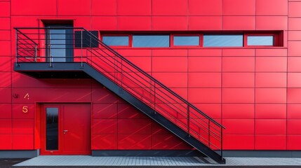empty warehouse with a red door and stairs