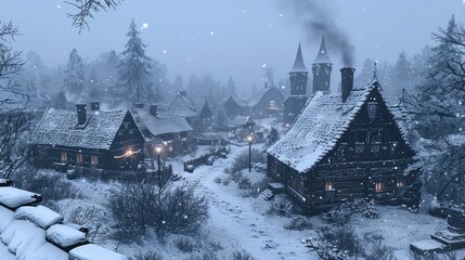 Fototapeta premium charming village nestled in a valley, its rooftops and streets blanketed in a thick layer of snow. Smoke rises gently from chimneys