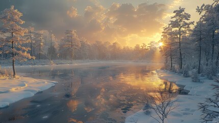 tranquil frozen lake at dusk, with the last rays of sunlight reflecting off the icy surface. The surrounding trees are dusted with snow