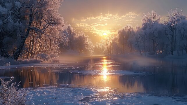 tranquil frozen lake at dusk, with the last rays of sunlight reflecting off the icy surface. The surrounding trees are dusted with snow