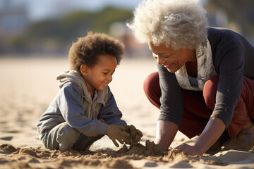 Fototapeta premium Joyful Moments Between Grandmother and Grandchild Building Sandcastles on the Beach 