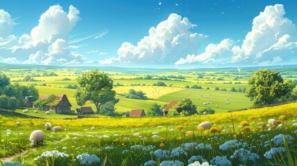 Fototapeta premium countryside with rolling hills blanketed in emerald green grass and dotted with quaint farmhouses and barns